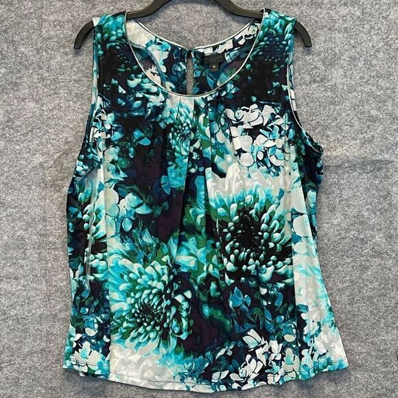 NWT WORTHINGTON Tank Top Women's 1X Blue Green Floral Sleeveless Pleated Keyhole - Picture 1 of 14